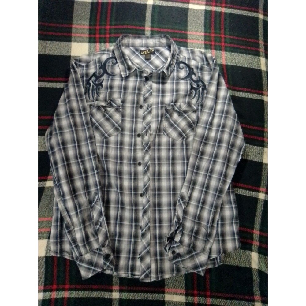 Helix Mens Pearl Button Up Shirt Long Sleeves Gray Western Embroidered Size 2XL